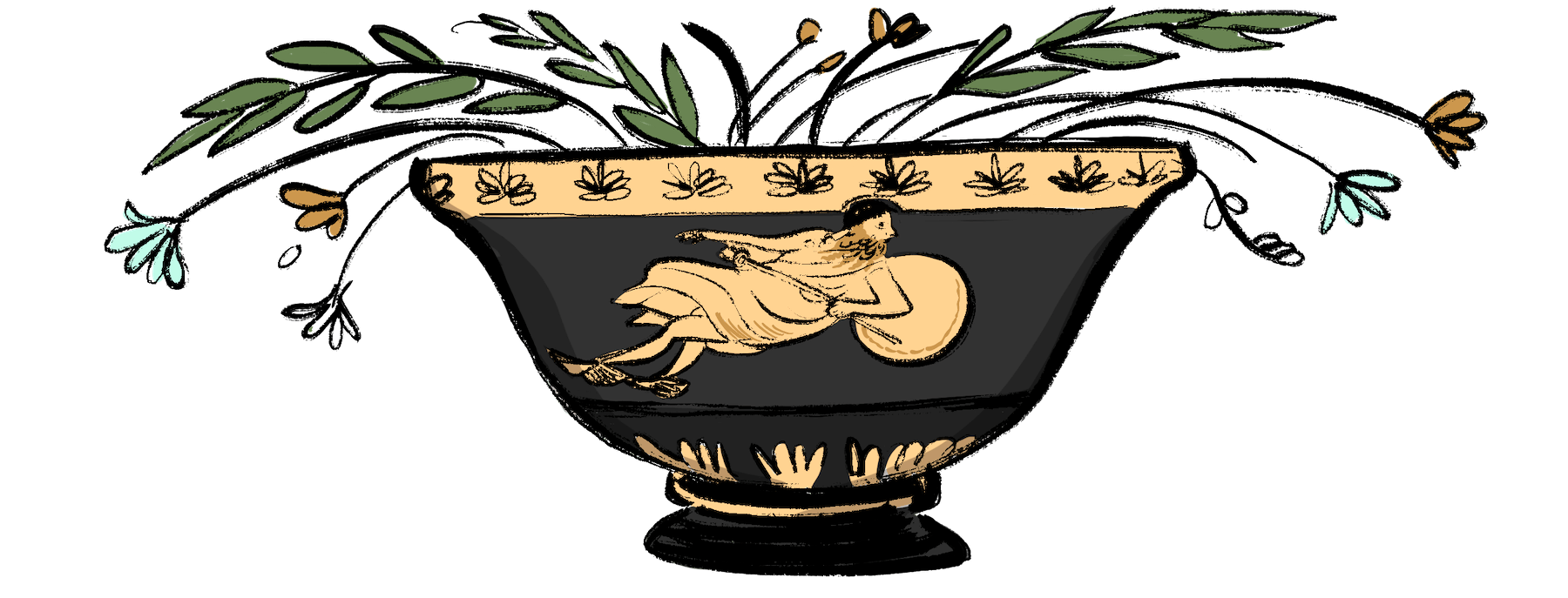 Illustration by Annie Ruygt of the Greek god Hermes mid-flight, depicted on a black-figure pottery bowl framed by olive branches