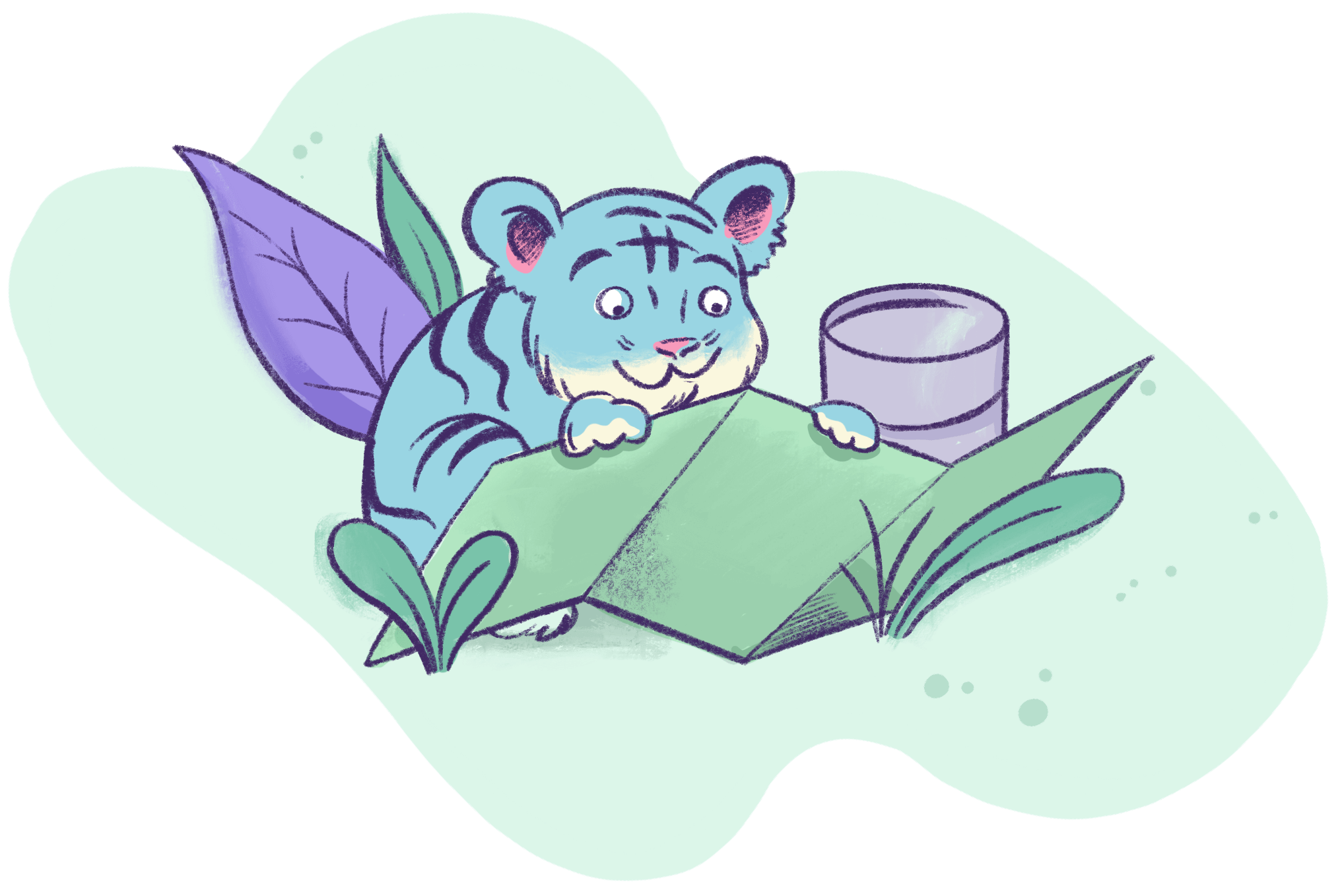 Illustration by Annie Ruygt Bernard of a blue tiger reading a map with delight