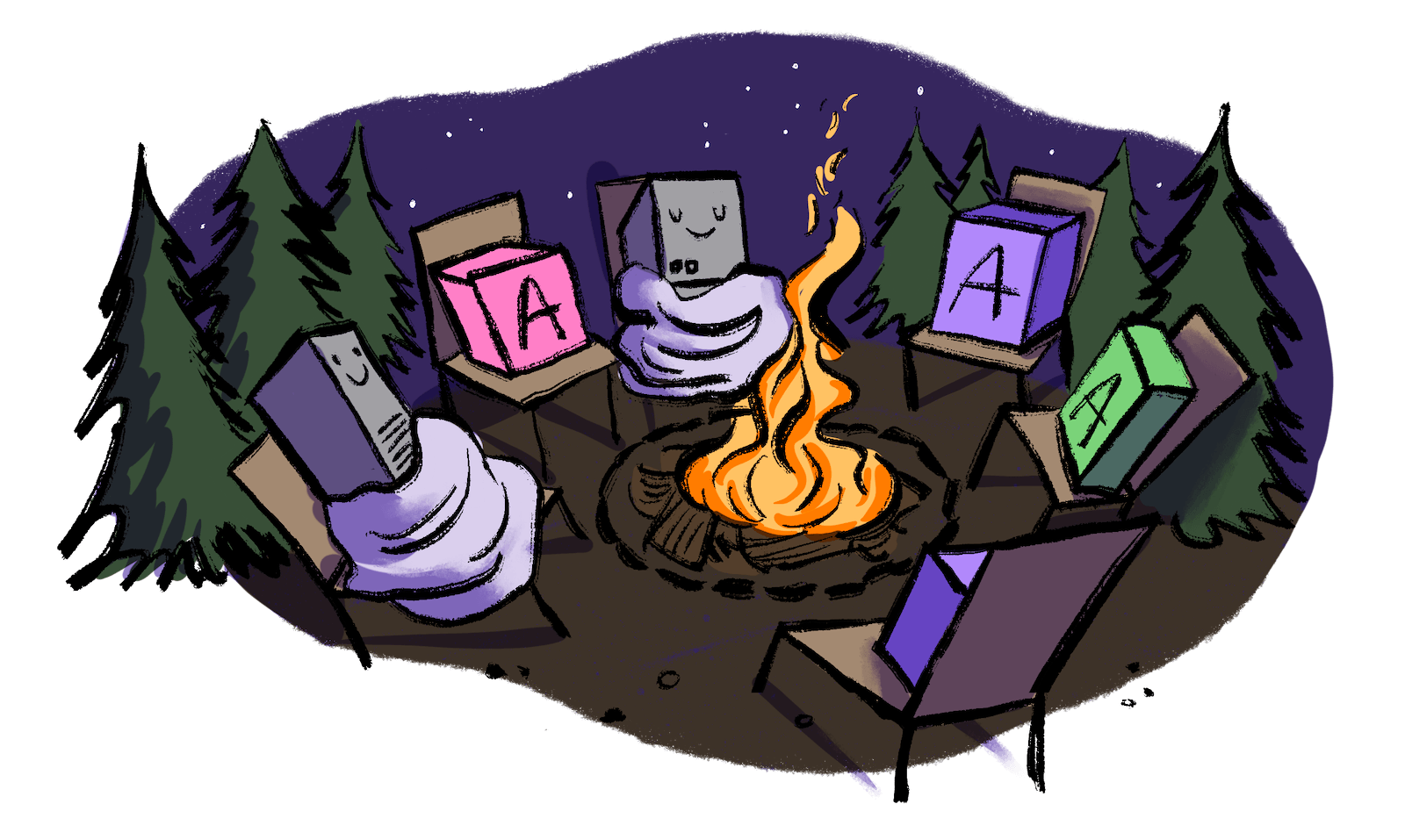 Illustration by Annie Ruygt of some apps sitting around a campfire