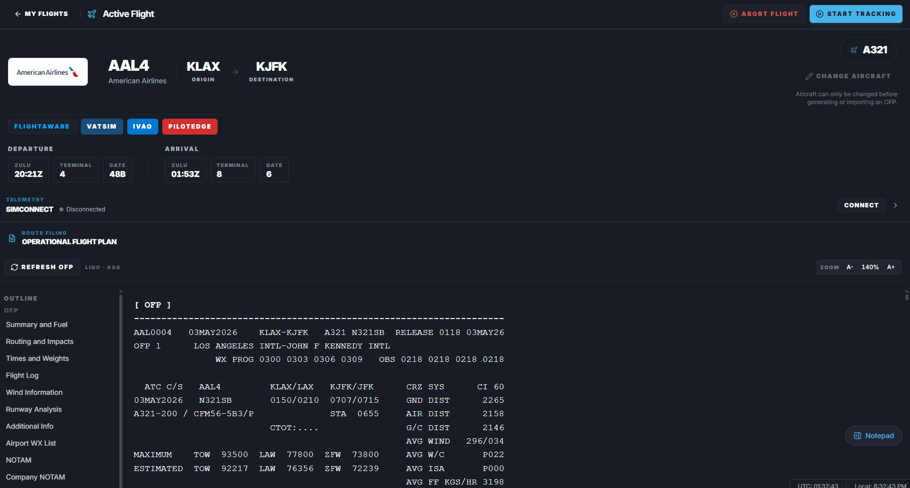 Active Flight page