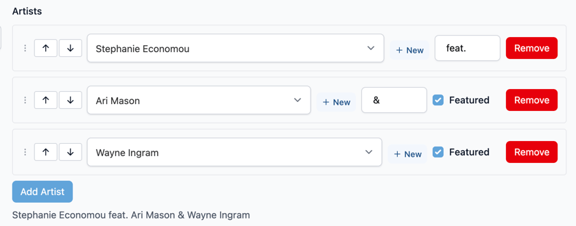 Artist rows in the release editor