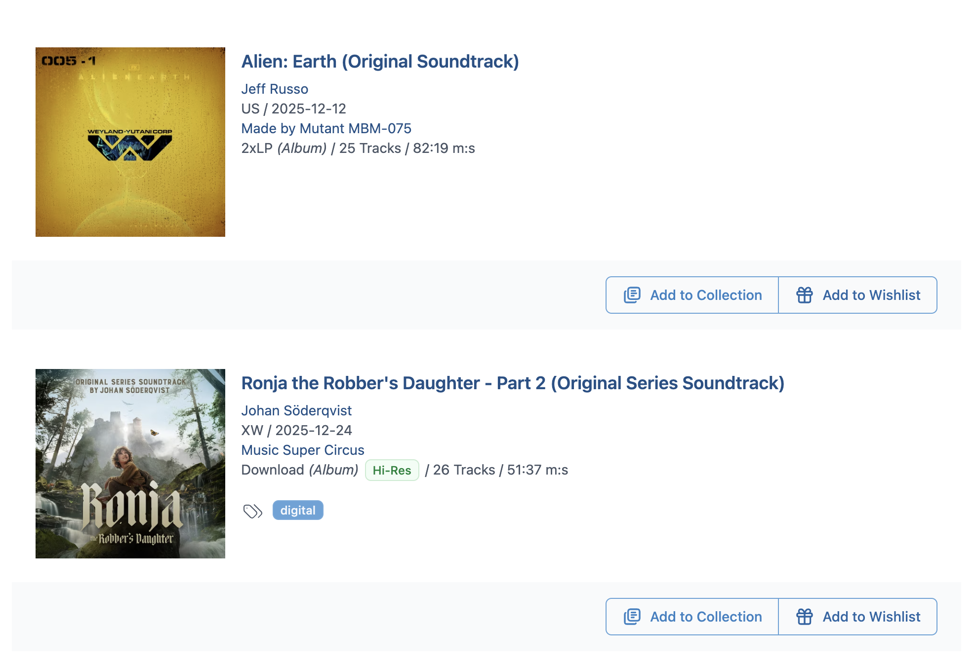 Collection and Wishlist Buttons