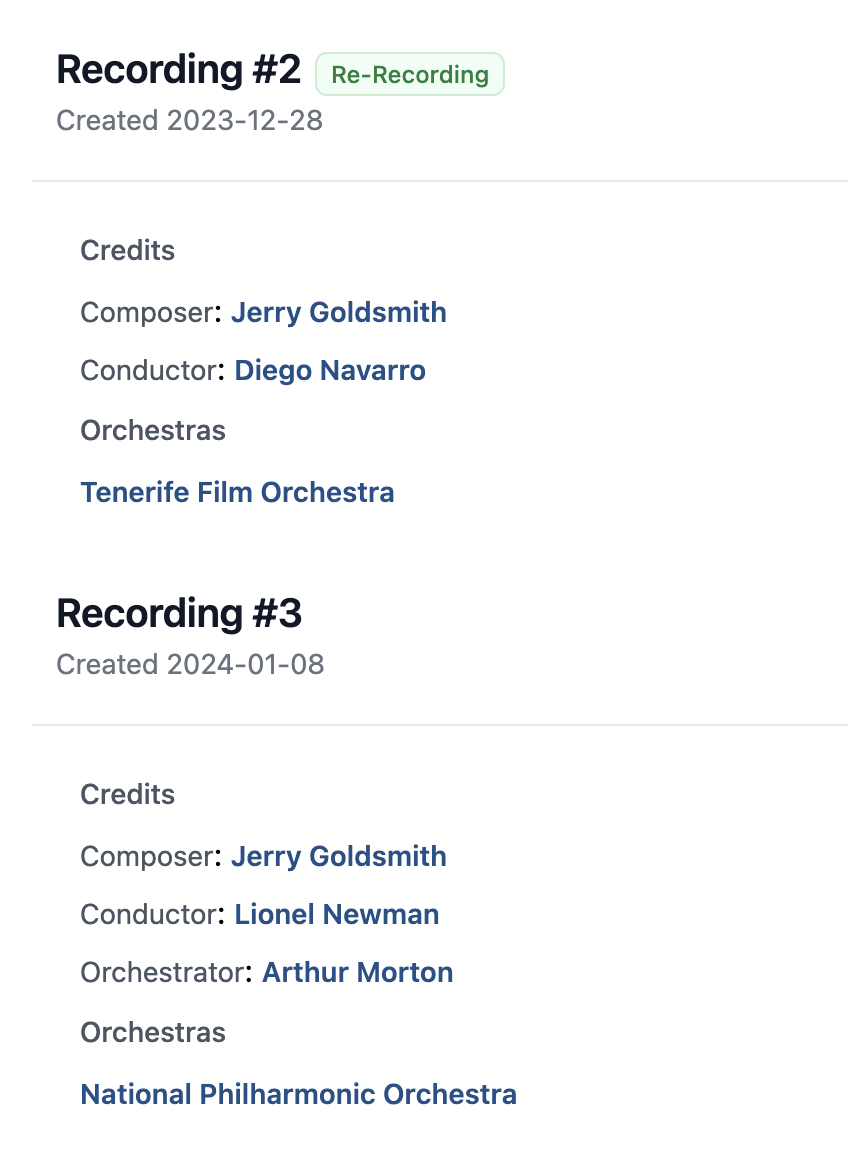 Recordings for a production