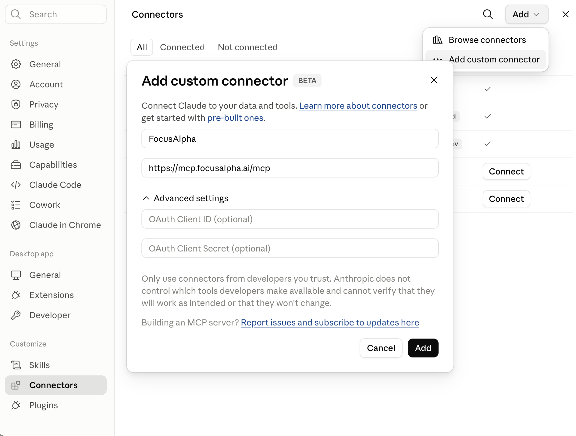 Claude Add custom connector dialog