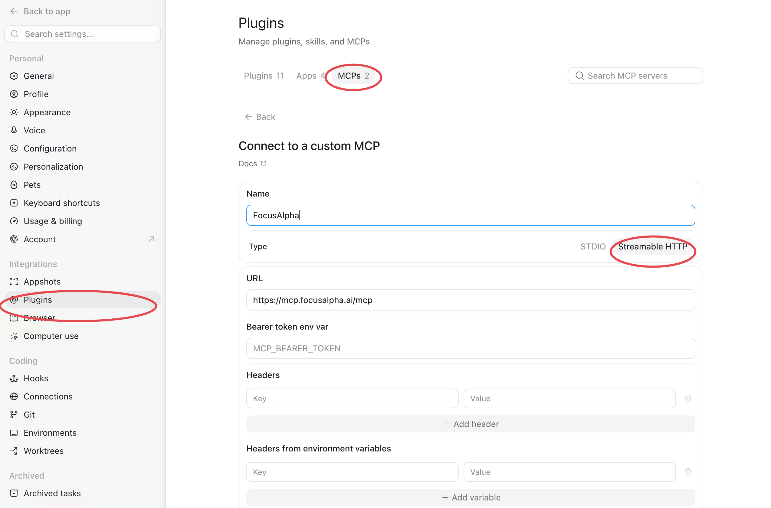 ChatGPT desktop MCP server setup