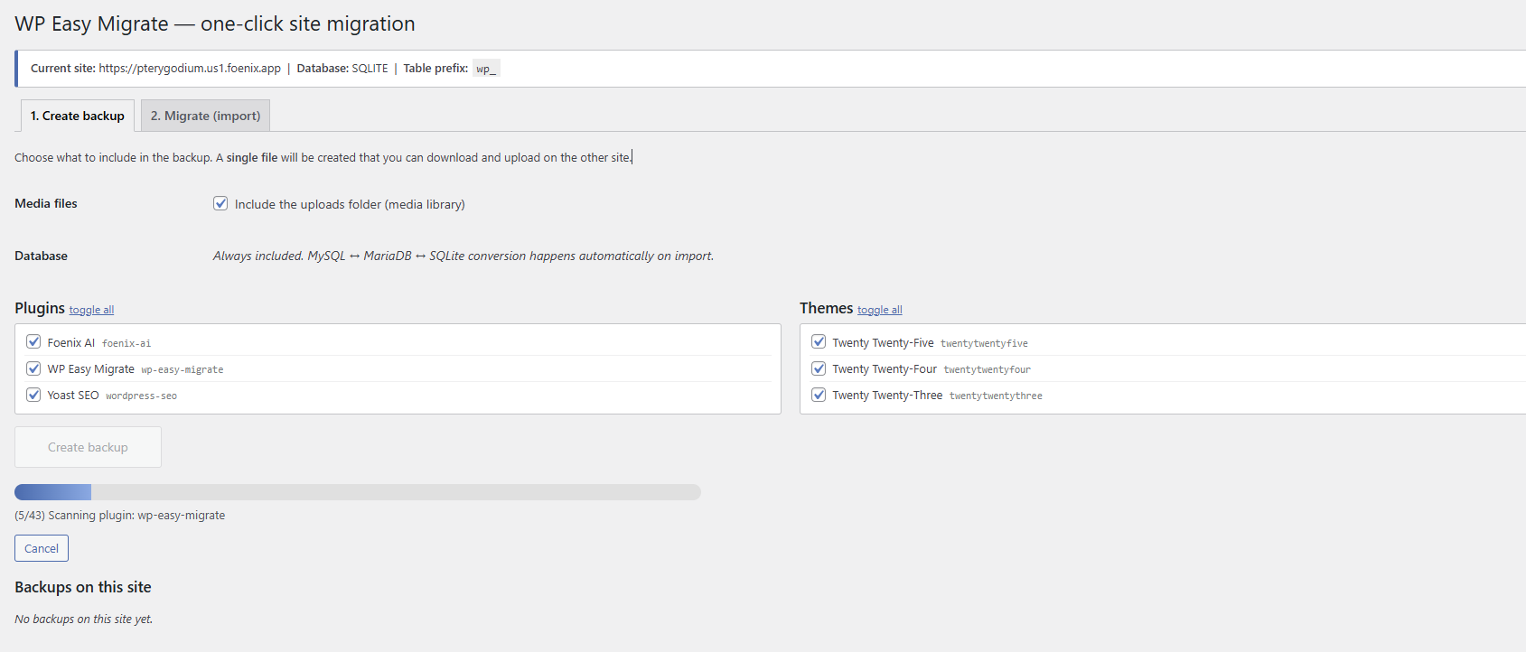 Backup creation in progress with a progress bar and Cancel button