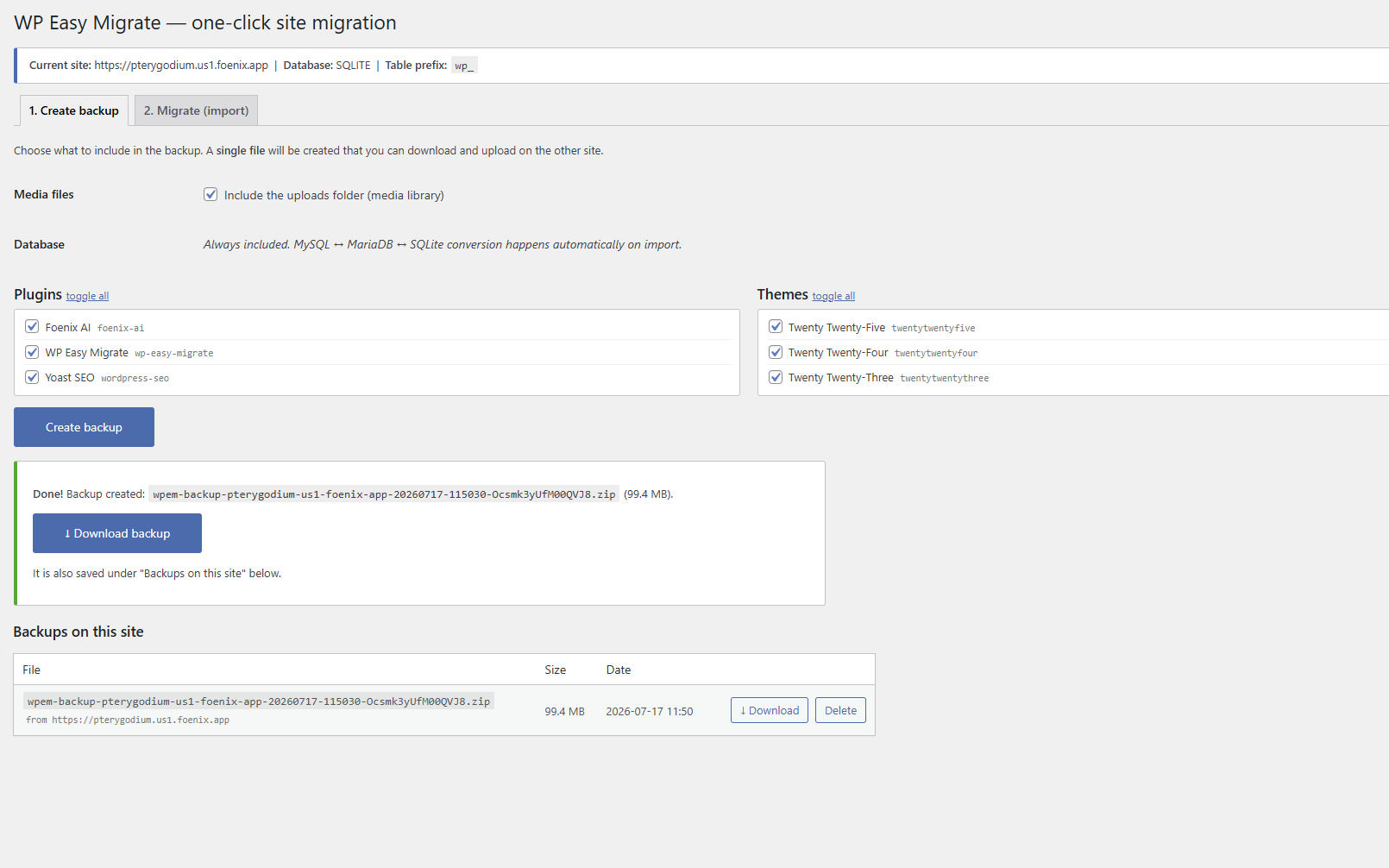 Backup created - download button and the backup listed under Backups on this site