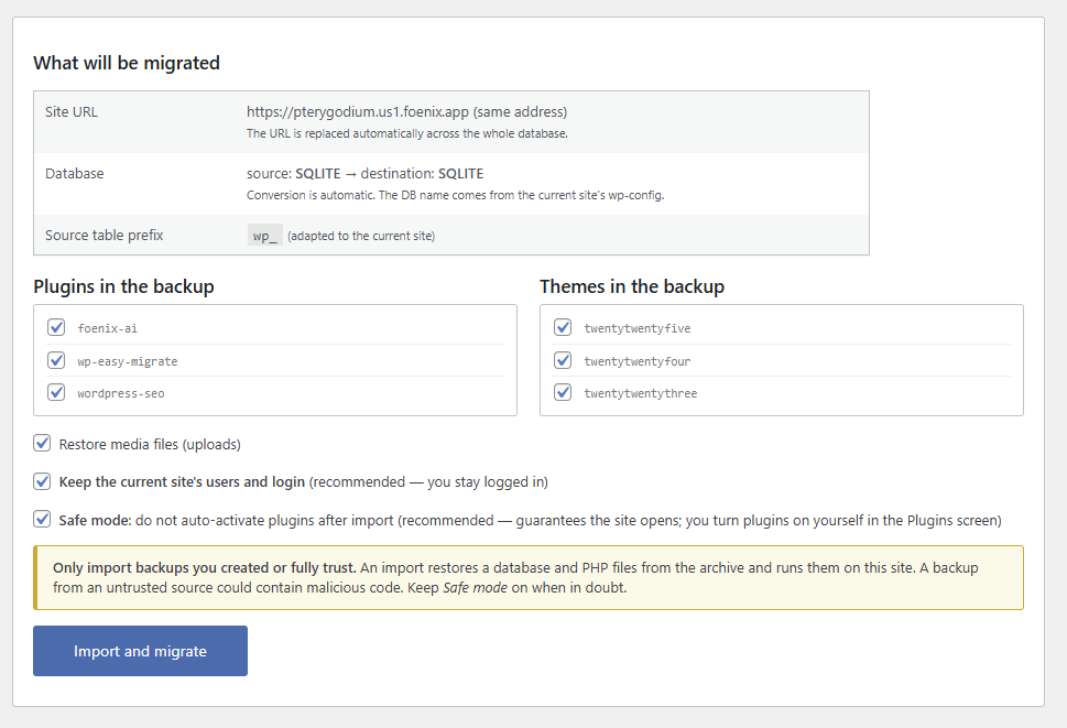 What will be migrated - review screen with import options
