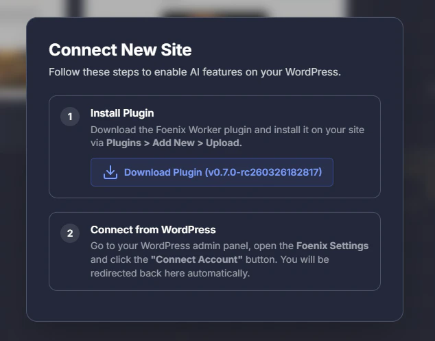 Connect New Site screen