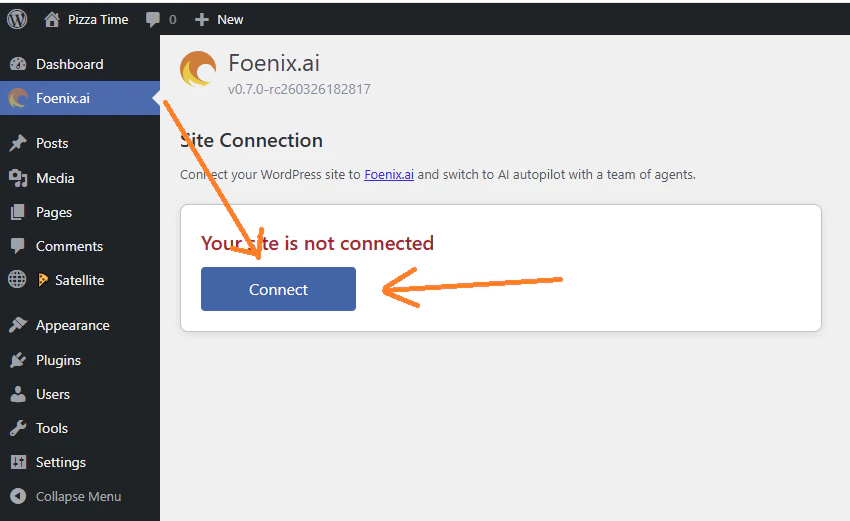 Foenix Settings in WordPress - Connect button