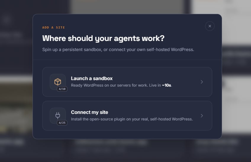 Where should your agents work - Add a Site screen