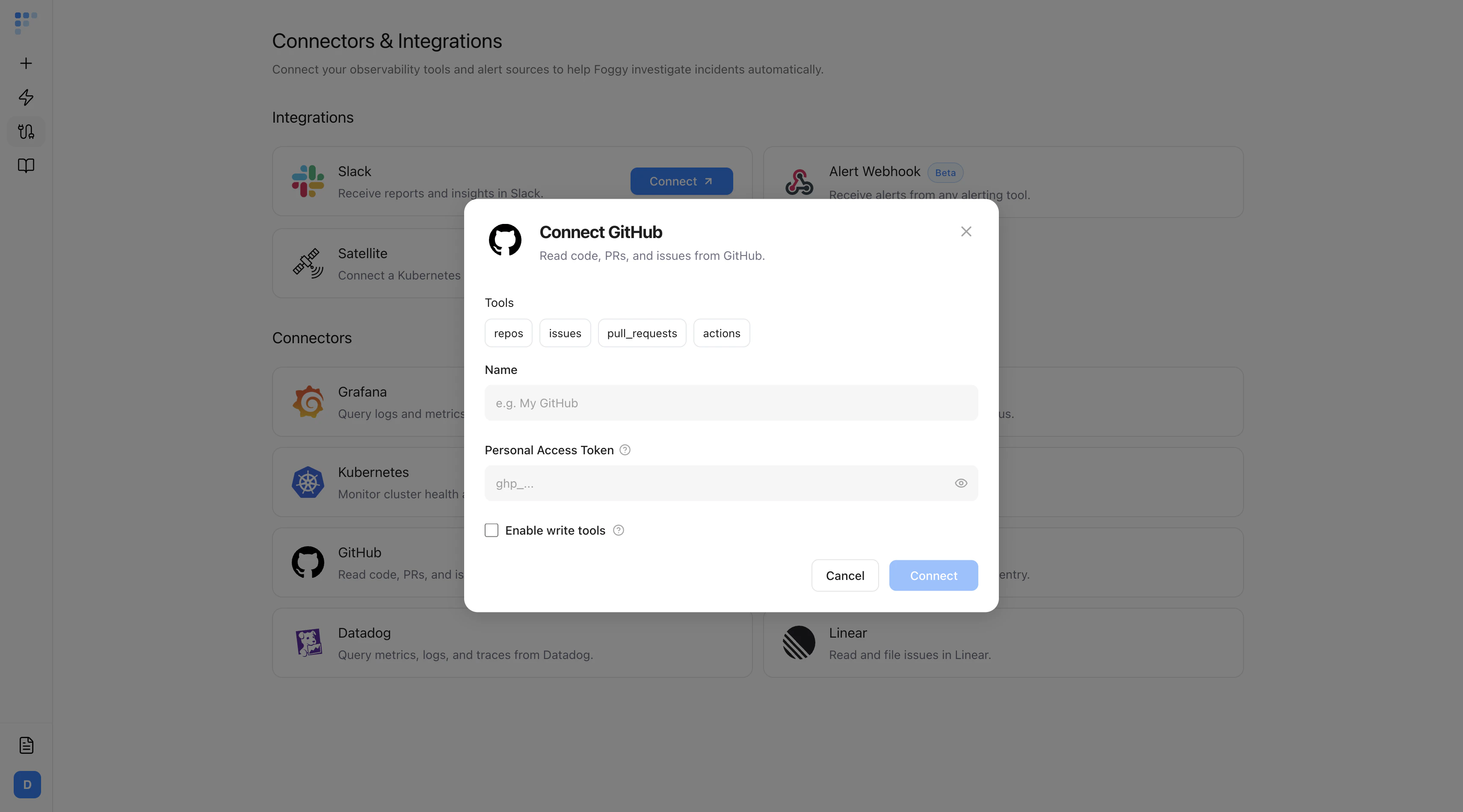 GitHub connector setup form