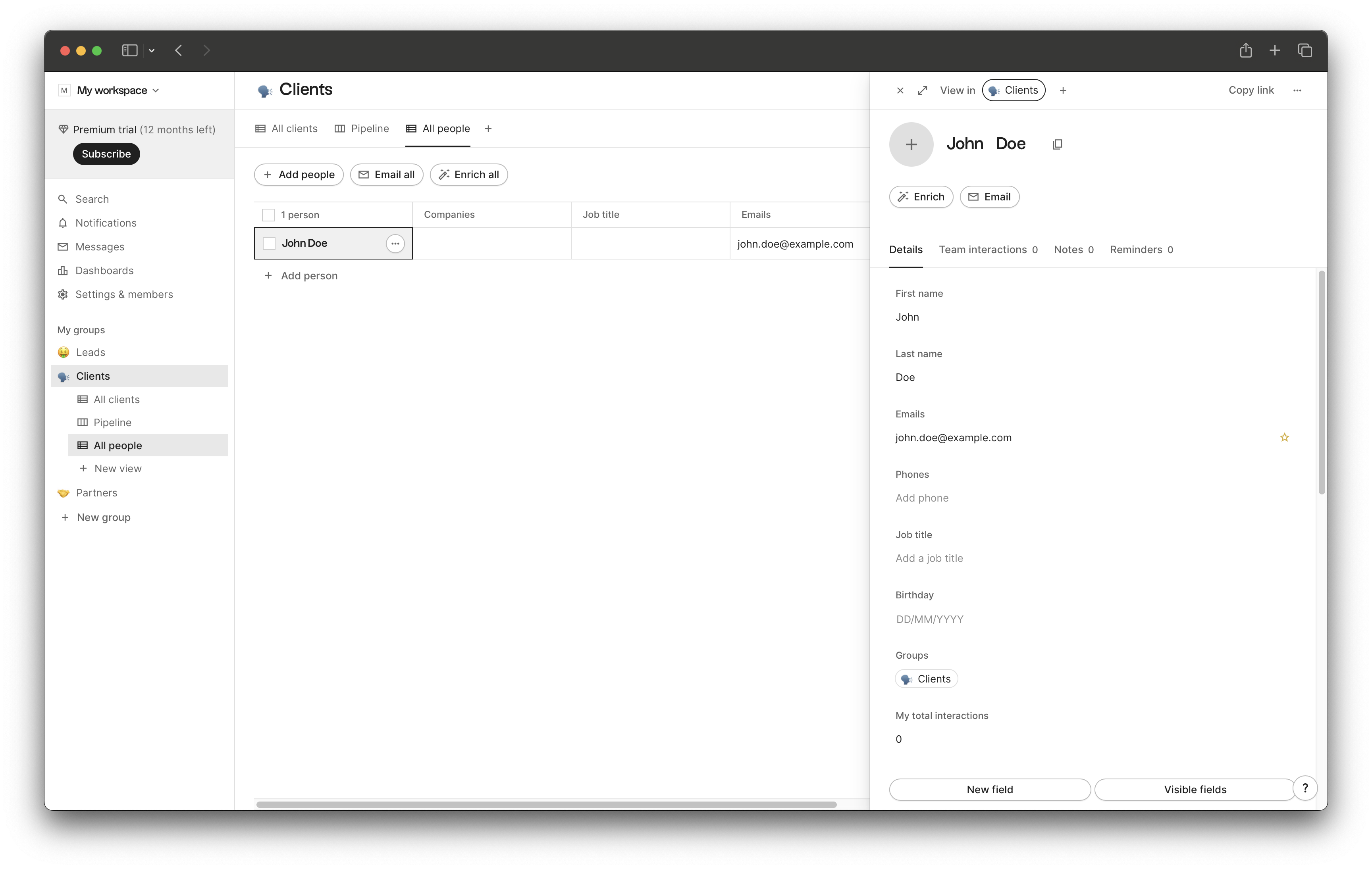 Screenshot of the new person in the workspace