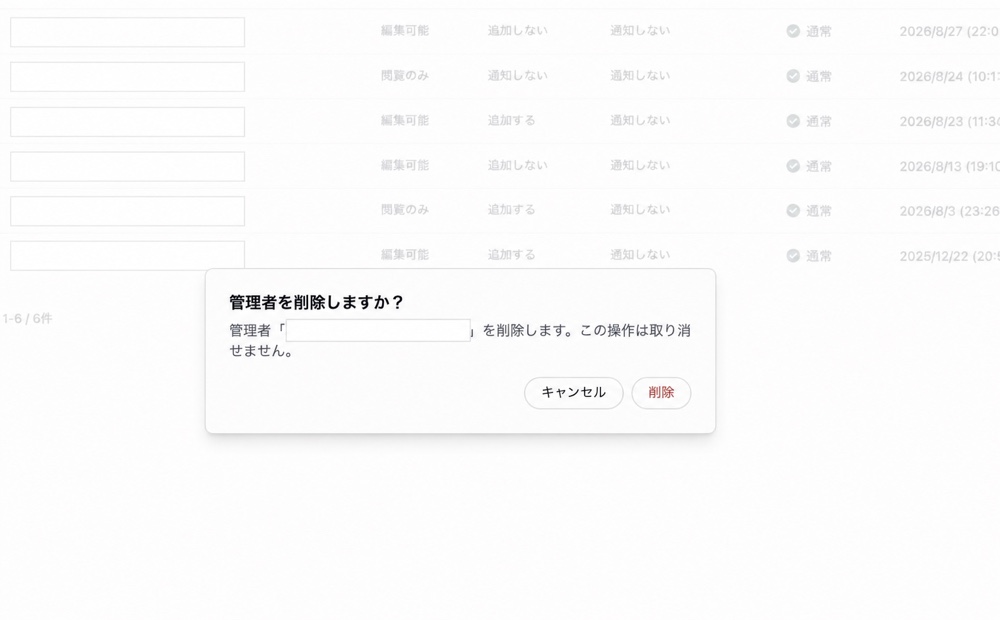 管理者の削除確認画面。対象の管理者と、この操作を取り消せない旨が表示されています。