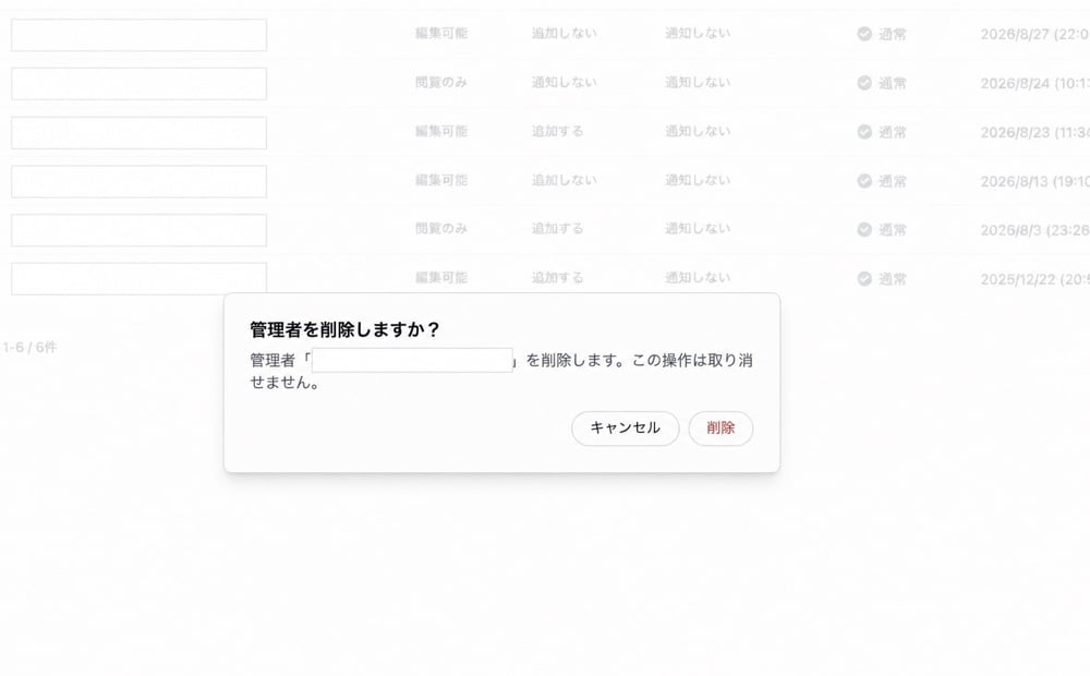 管理者の削除確認画面。対象の管理者と、この操作を取り消せない旨が表示されています。