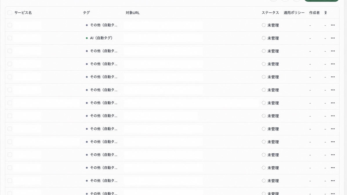 サービス一覧の基本情報。タグ、ステータス、適用ポリシー、作成者、更新者、更新日時が表示されています。