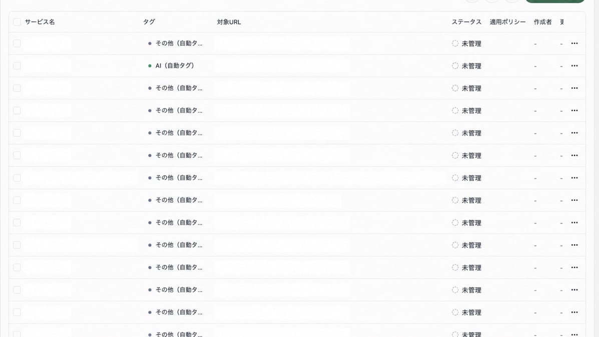 サービス一覧の基本情報。タグ、ステータス、適用ポリシー、作成者、更新者、更新日時が表示されています。