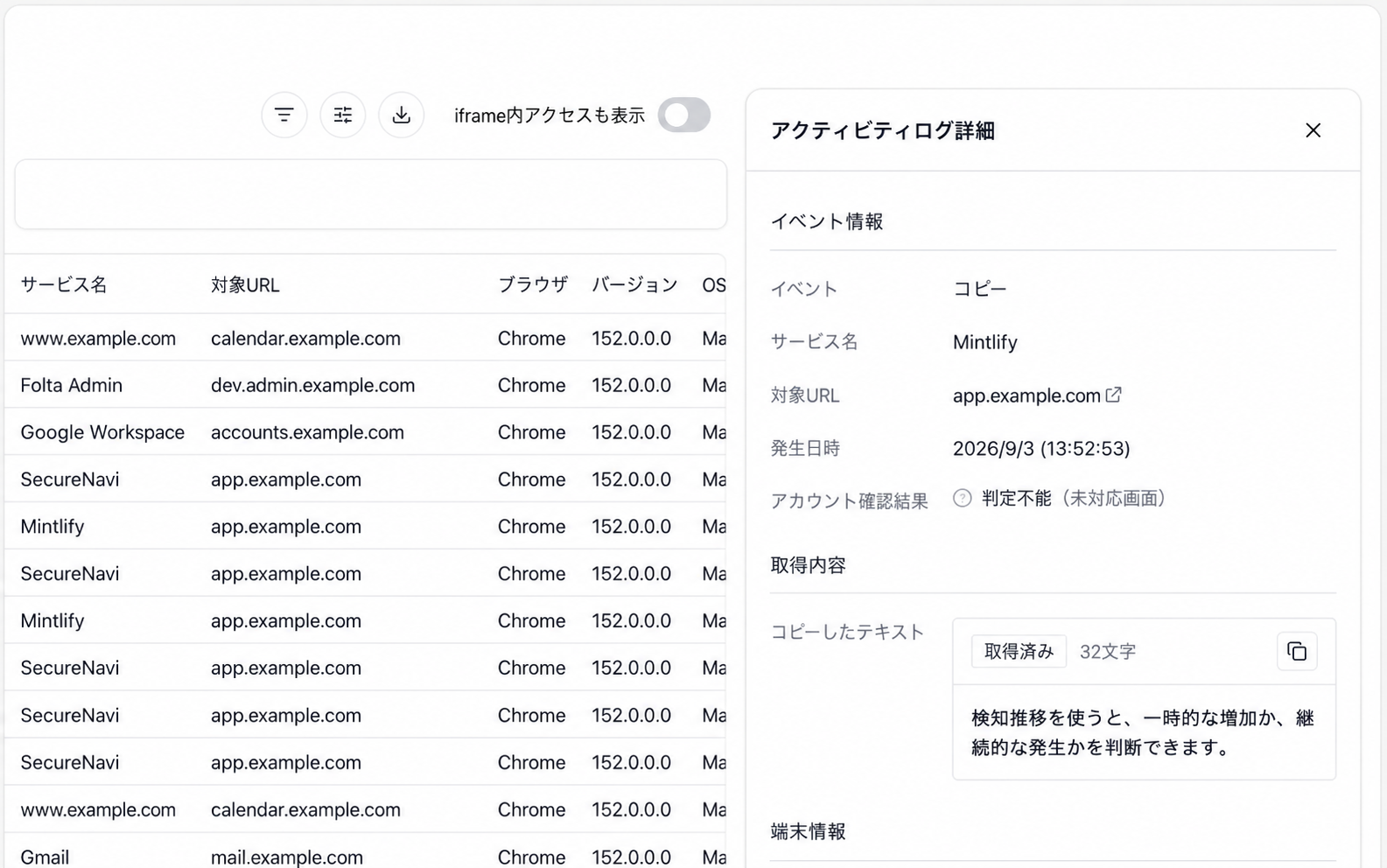 アクティビティログ詳細のイベント情報と、コピーイベントで取得したテキストの内容。