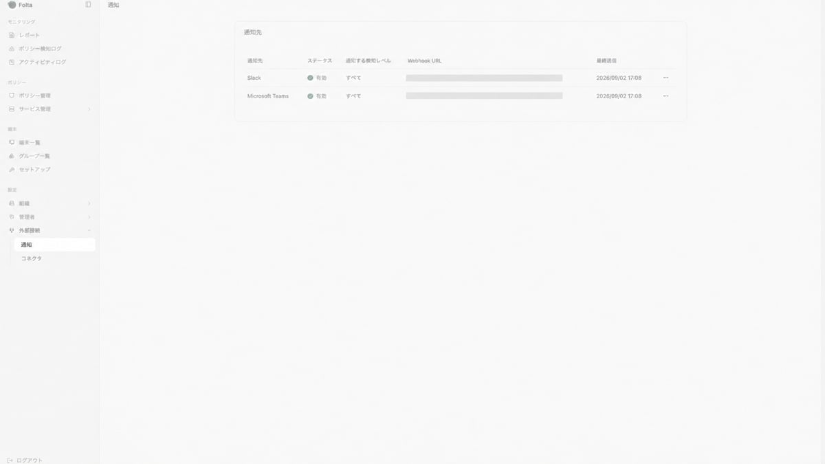 Folta管理画面の左サイドメニューで、設定の外部接続配下にある通知が選択されています。