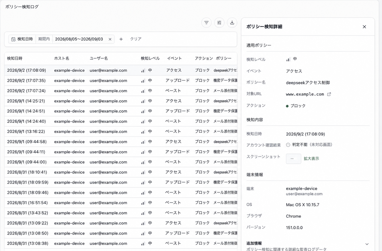 ポリシー検知ログ詳細の適用ポリシー、検知日時、スクリーンショット、端末情報、追加情報。