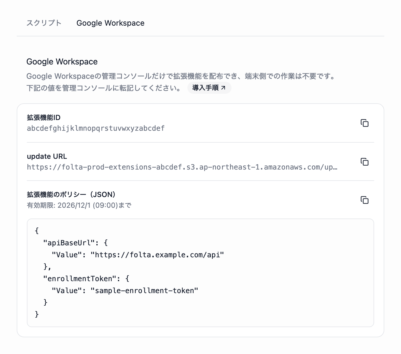 Folta管理画面のセットアップ画面。Google Workspaceタブに拡張機能ID、update URL、拡張機能のポリシー（JSON）の行が並び、各行にコピーのアイコンがあります。