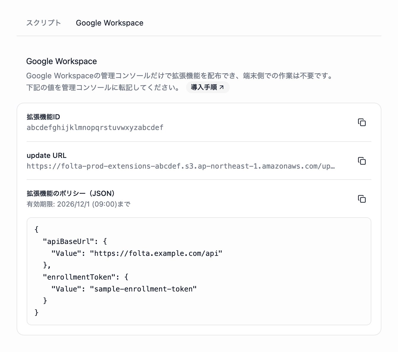Folta管理画面のセットアップ画面。Google Workspaceタブに拡張機能ID、update URL、拡張機能のポリシー(JSON)の行が並び、各行にコピーのアイコンがあります。