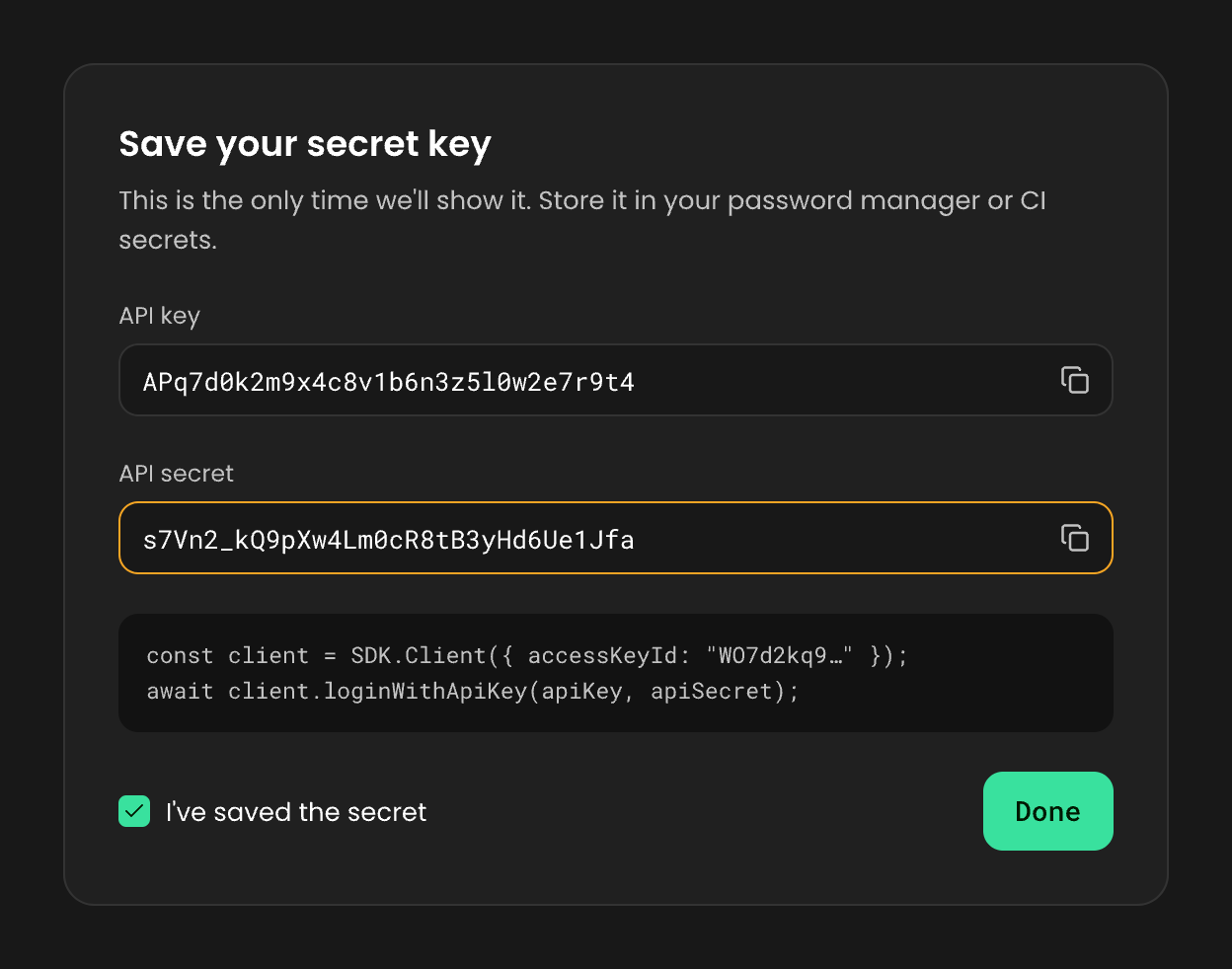 The Save your secret key dialog: the API key APq7d0k2m9x4c8v1b6n3z5l0w2e7r9t4, the API secret, an SDK snippet with the workspace access key ID, I've saved the secret checked, and a Done button.