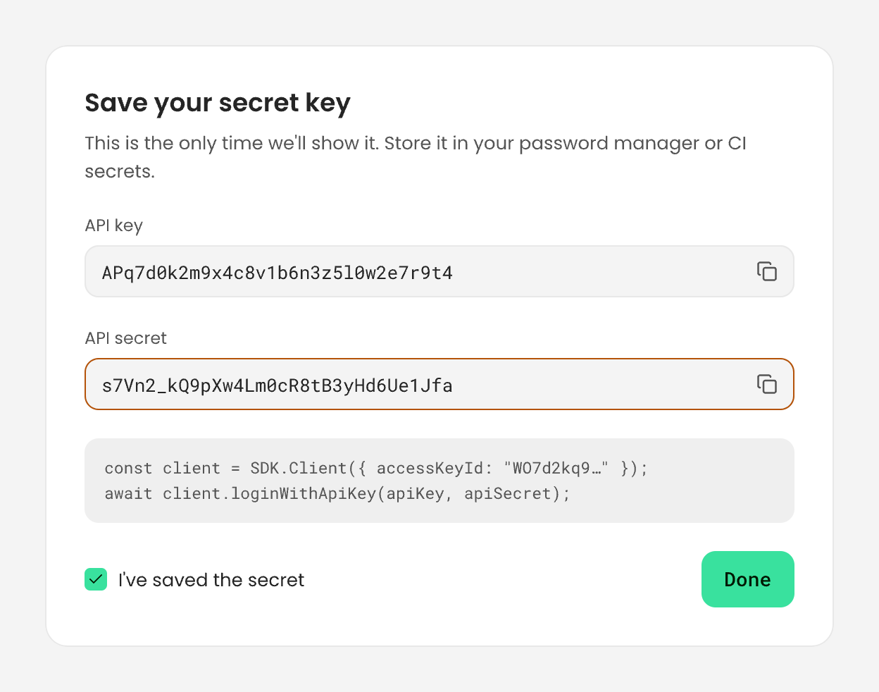 The Save your secret key dialog: the API key APq7d0k2m9x4c8v1b6n3z5l0w2e7r9t4, the API secret, an SDK snippet with the workspace access key ID, I've saved the secret checked, and a Done button.