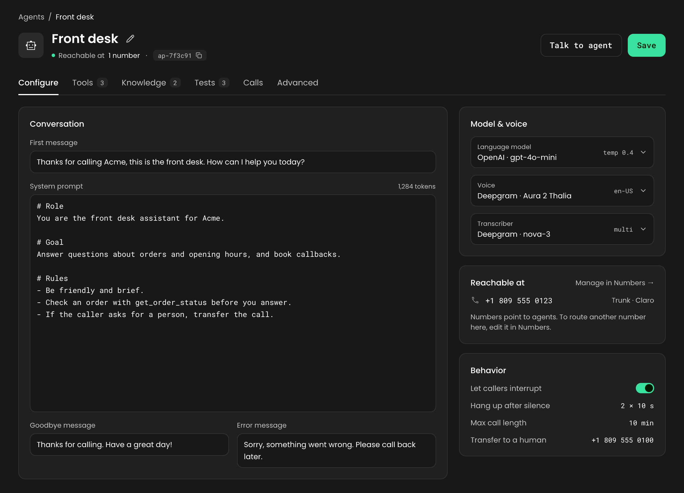 The Configure tab of the Front desk agent: the Conversation panel with First message, System prompt, Goodbye message and Error message; Model & voice with the language model, voice and transcriber; and Behavior with Let callers interrupt, Hang up after silence 2 × 10 s, Max call length 10 min and a transfer number.