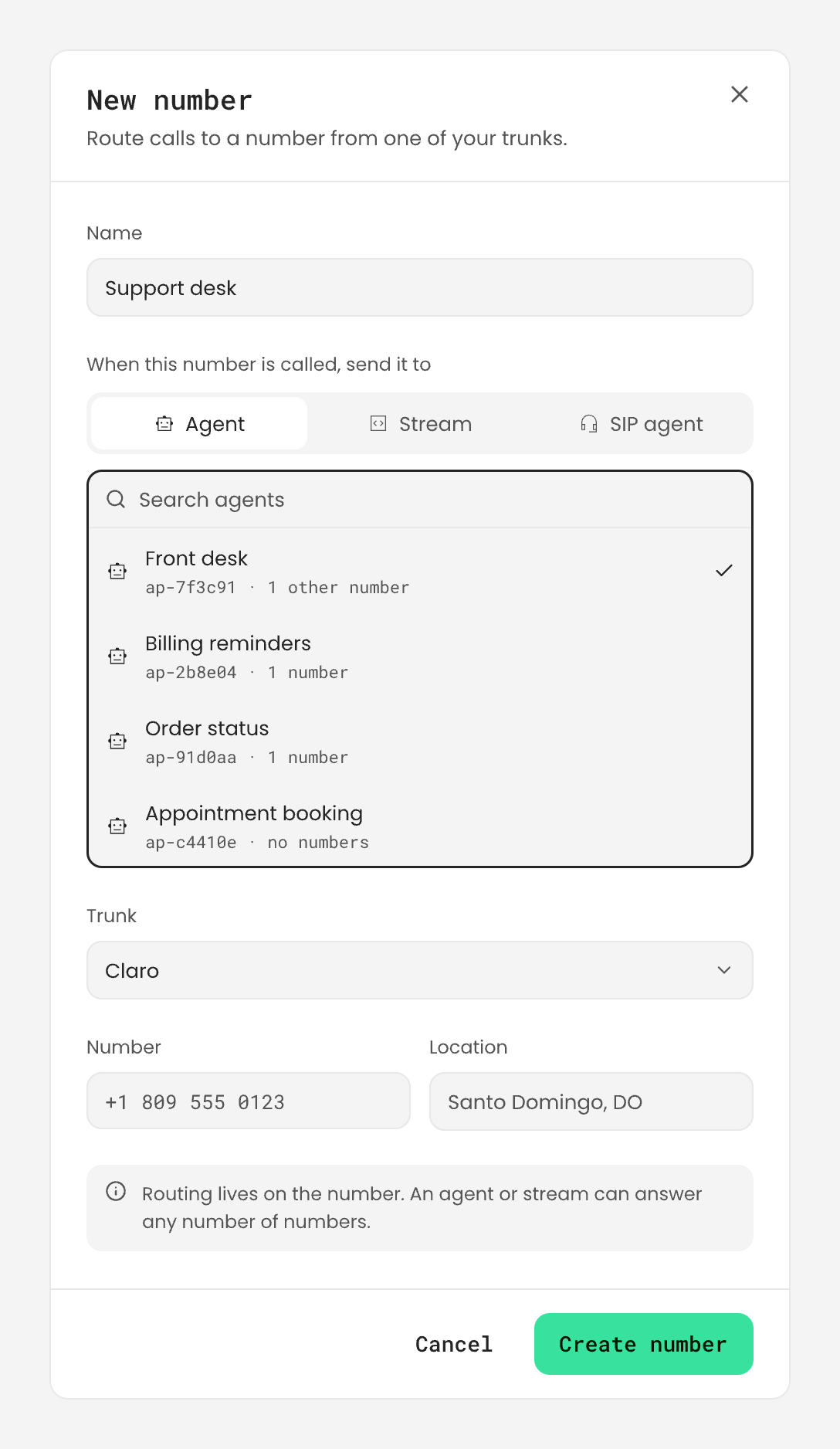 The New number drawer in the dashboard: Name Support desk, Agent selected under When this number is called, send it to, the Front desk agent checked, Trunk Claro, number +1 809 555 0123 in Santo Domingo, and the note that routing lives on the number.
