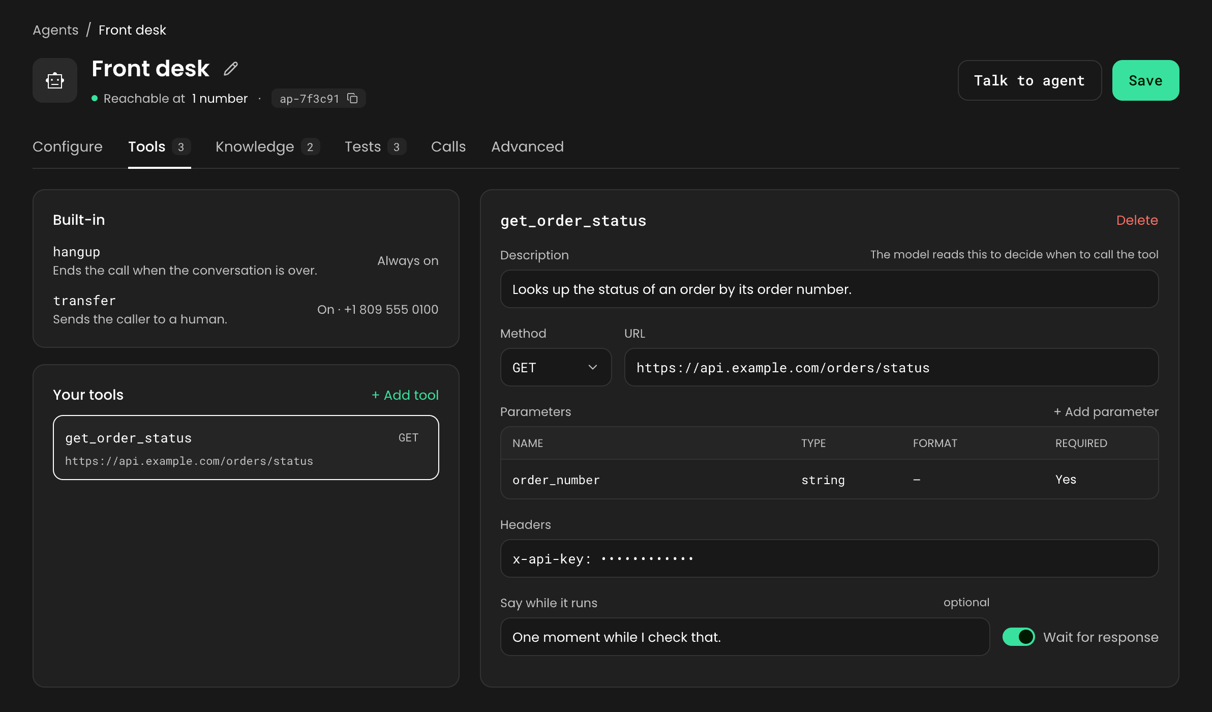 The Tools tab of the Front desk agent: built-in hangup and transfer tools, the get_order_status tool under Your tools, and its editor with a description, GET https://api.example.com/orders/status, a required order_number parameter, an x-api-key header, One moment while I check that as the message to say while it runs, and Wait for response on.