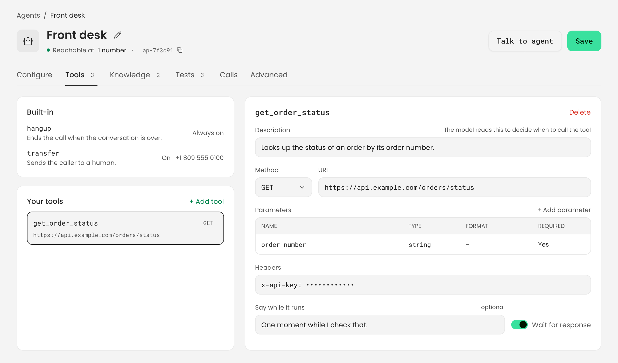 The Tools tab of the Front desk agent: built-in hangup and transfer tools, the get_order_status tool under Your tools, and its editor with a description, GET https://api.example.com/orders/status, a required order_number parameter, an x-api-key header, One moment while I check that as the message to say while it runs, and Wait for response on.