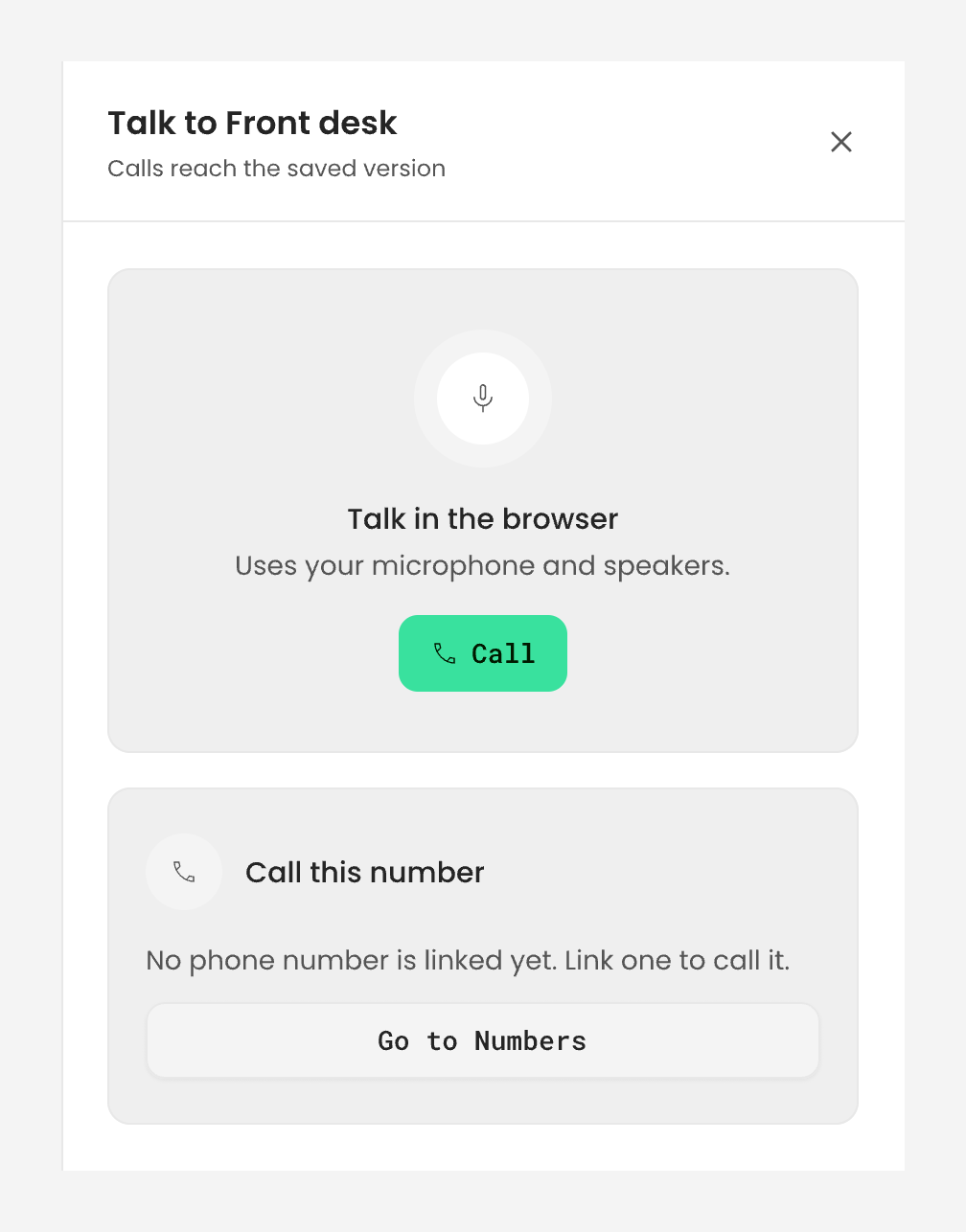 The Talk to Front desk panel in the dashboard: Talk in the browser with a Call button, and Call this number saying no phone number is linked yet, with a Go to Numbers button.