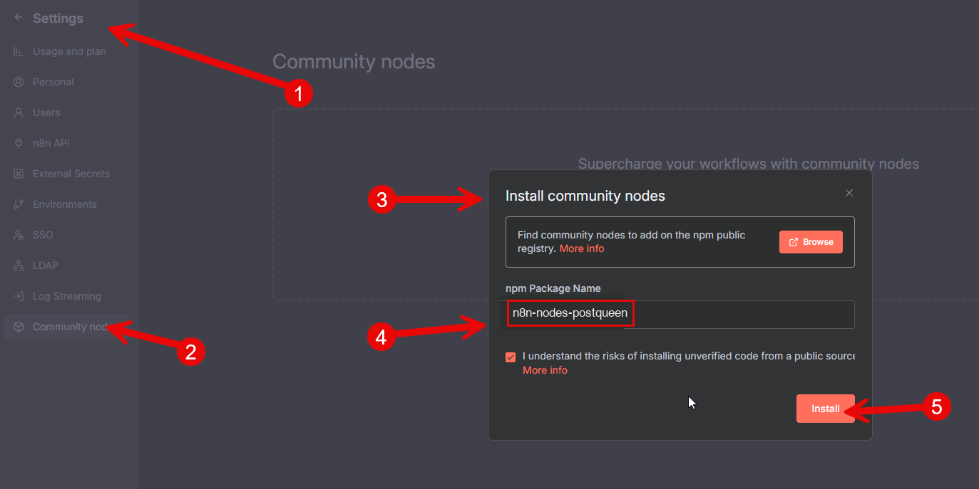 n8n Community Nodes install dialog with n8n-nodes-postqueen entered as the package name