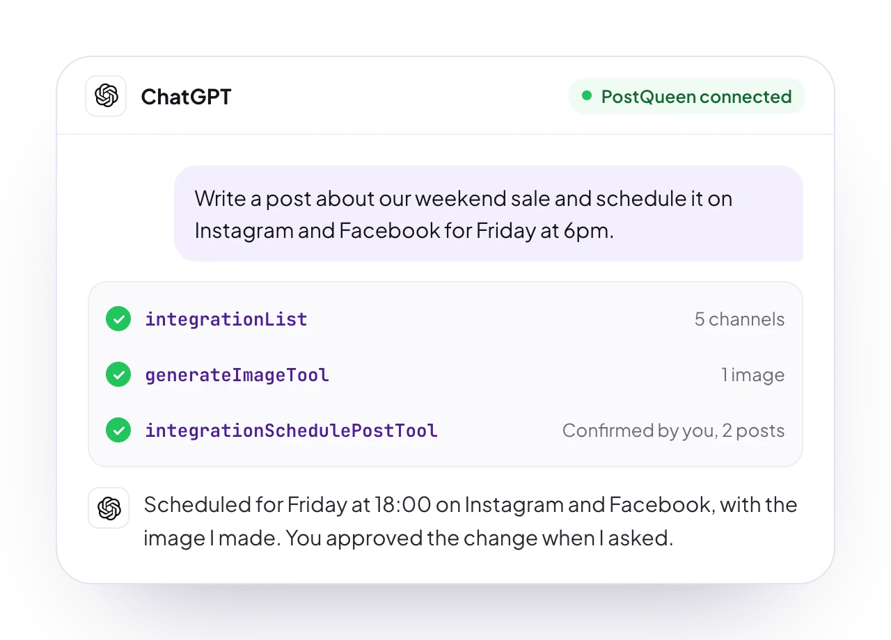 A sample ChatGPT chat with PostQueen connected: a request for posts, the PostQueen tools it used, and the reply