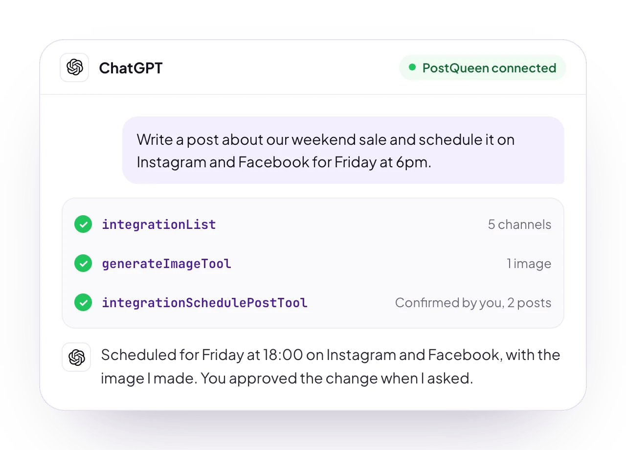 A sample ChatGPT chat with PostQueen connected: a request for posts, the PostQueen tools it used, and the reply
