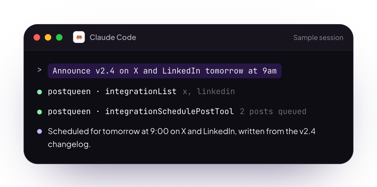 A sample Claude Code terminal session with PostQueen connected: a request for posts, the PostQueen tools it used, and the reply