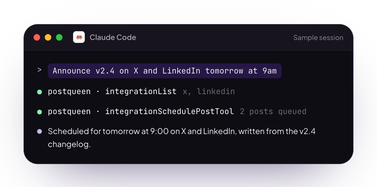A sample Claude Code terminal session with PostQueen connected: a request for posts, the PostQueen tools it used, and the reply