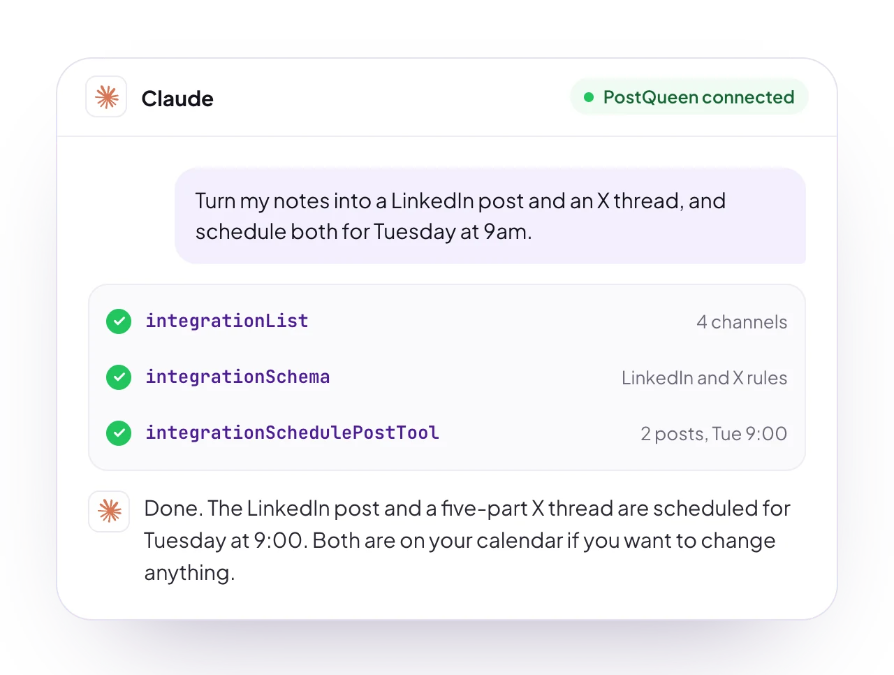 A sample Claude chat with PostQueen connected: a request for posts, the PostQueen tools it used, and the reply