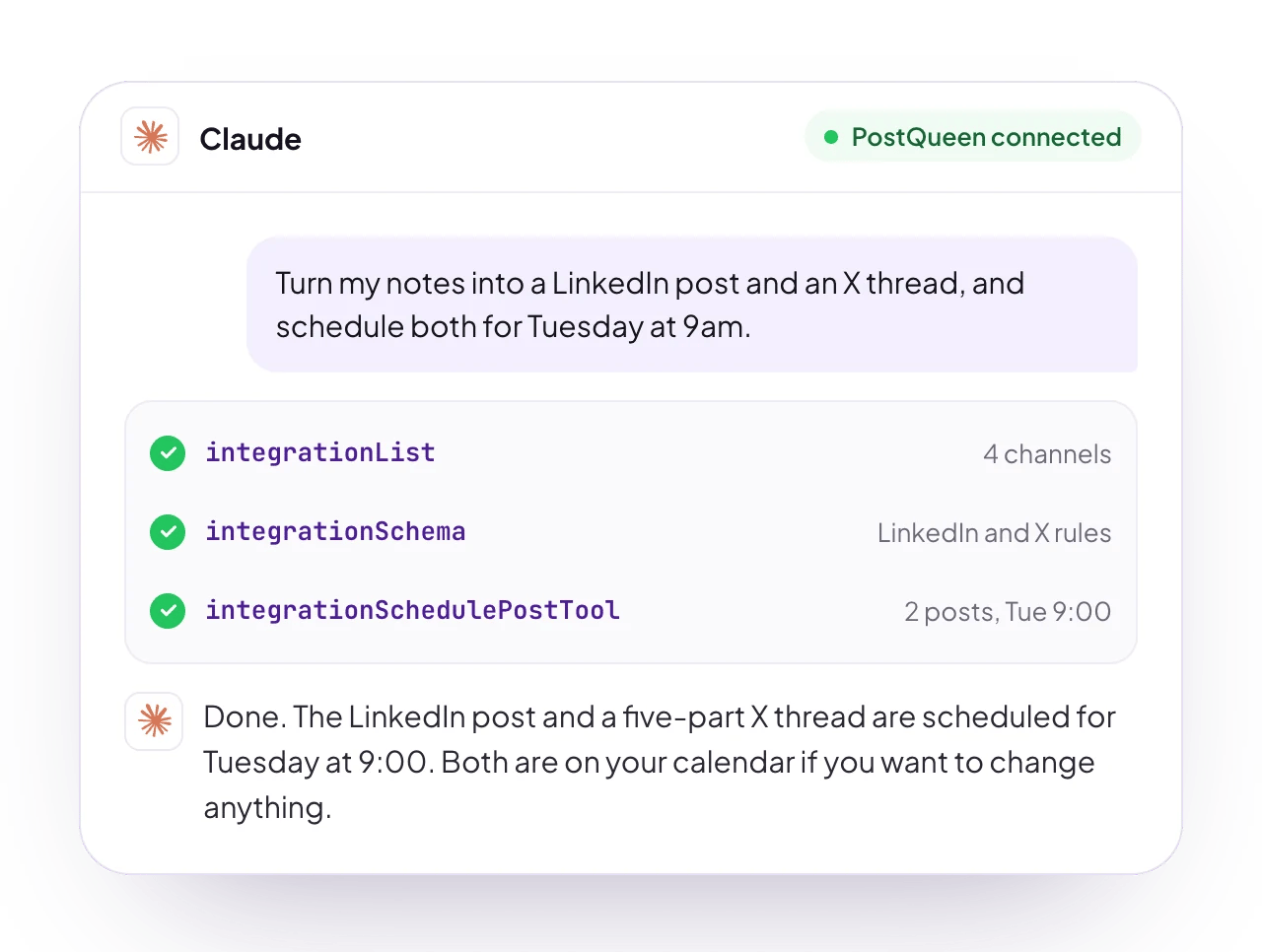 A sample Claude chat with PostQueen connected: a request for posts, the PostQueen tools it used, and the reply