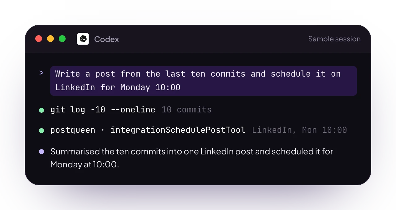 A sample Codex terminal session with PostQueen connected: a request for posts, the PostQueen tools it used, and the reply