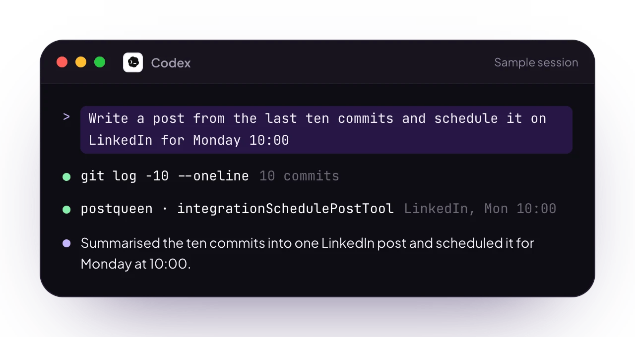 A sample Codex terminal session with PostQueen connected: a request for posts, the PostQueen tools it used, and the reply