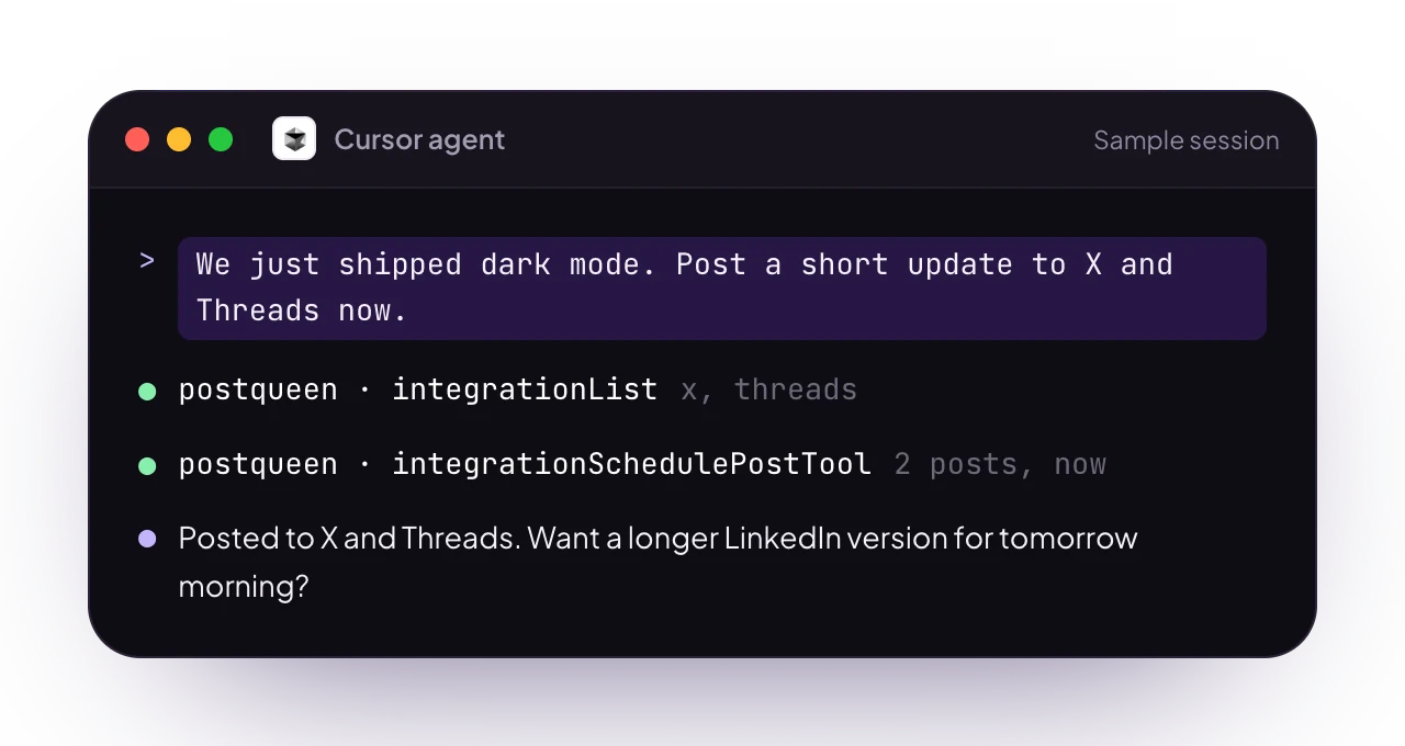 A sample Cursor terminal session with PostQueen connected: a request for posts, the PostQueen tools it used, and the reply