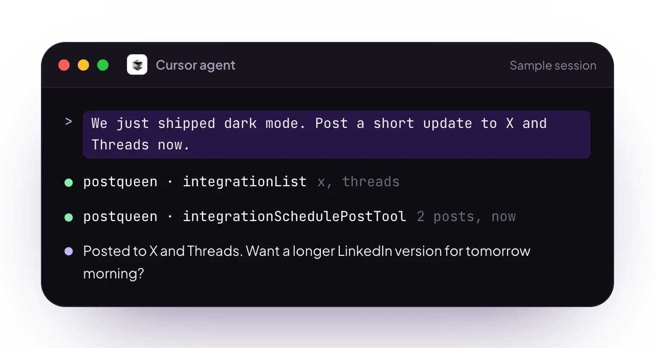 A sample Cursor terminal session with PostQueen connected: a request for posts, the PostQueen tools it used, and the reply