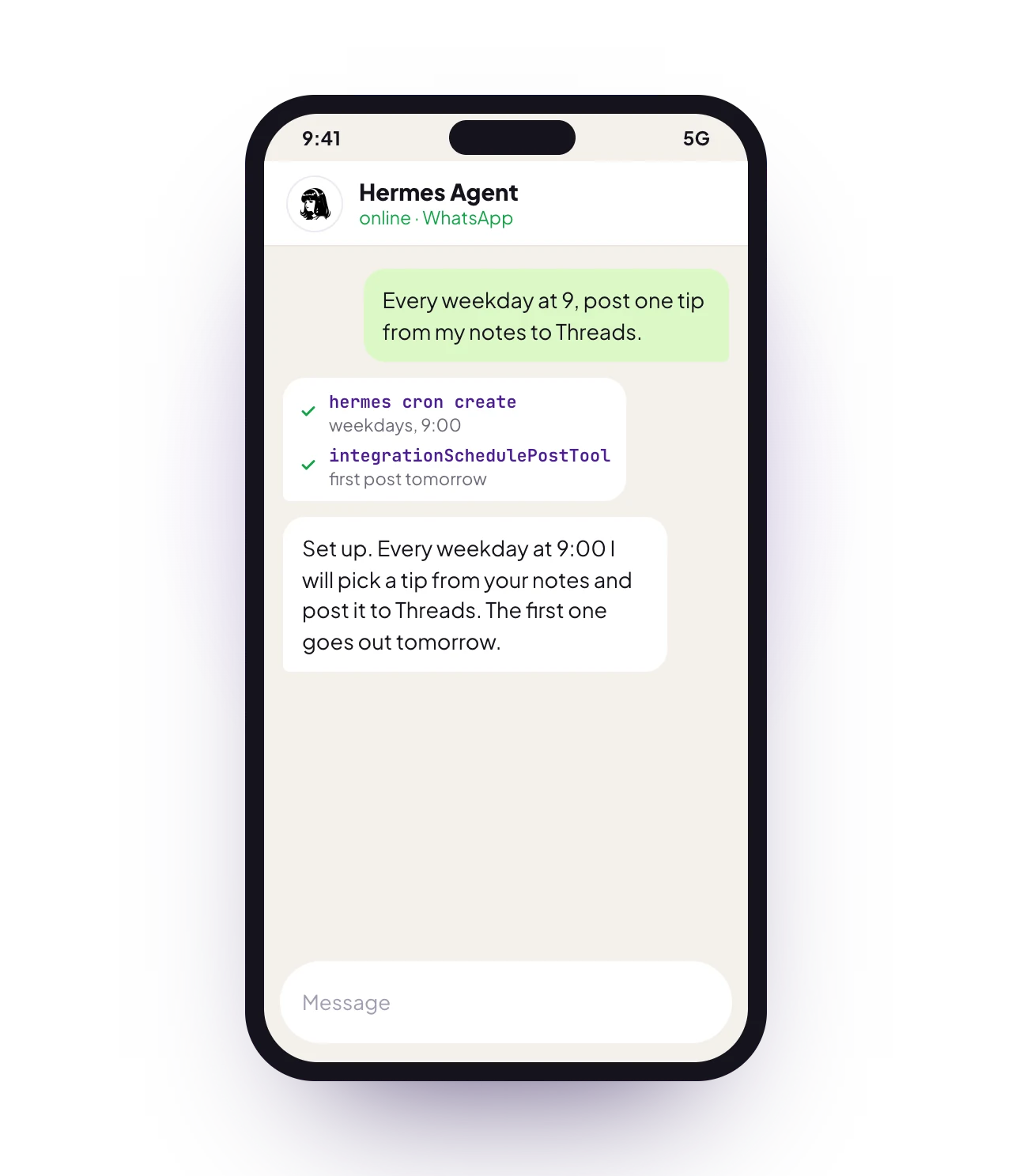 A sample Hermes Agent chat on a phone with PostQueen connected: a request for posts, the PostQueen tools it used, and the reply