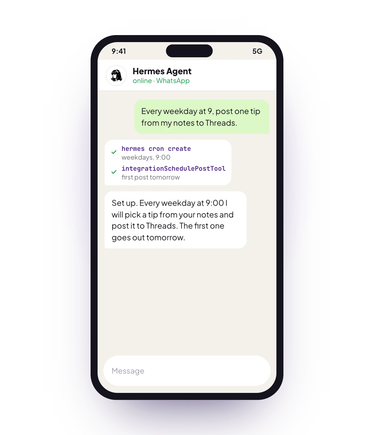 A sample Hermes Agent chat on a phone with PostQueen connected: a request for posts, the PostQueen tools it used, and the reply