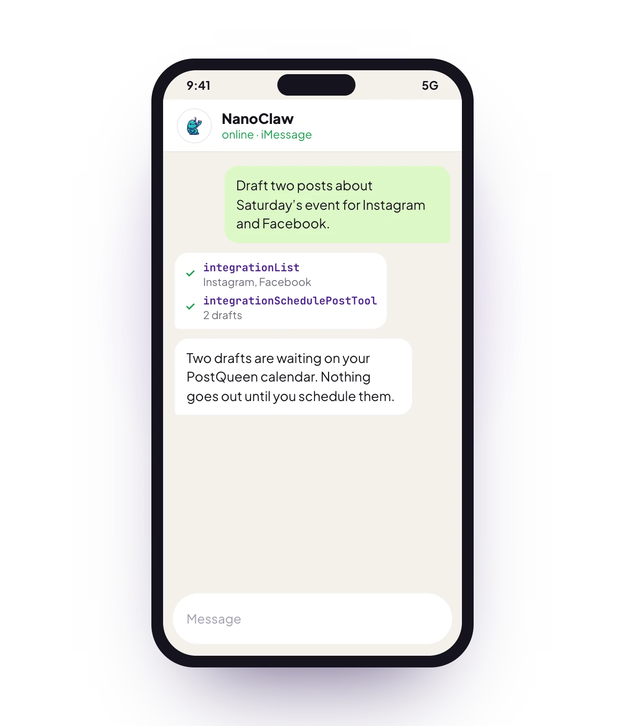 A sample NanoClaw chat on a phone with PostQueen connected: a request for posts, the PostQueen tools it used, and the reply