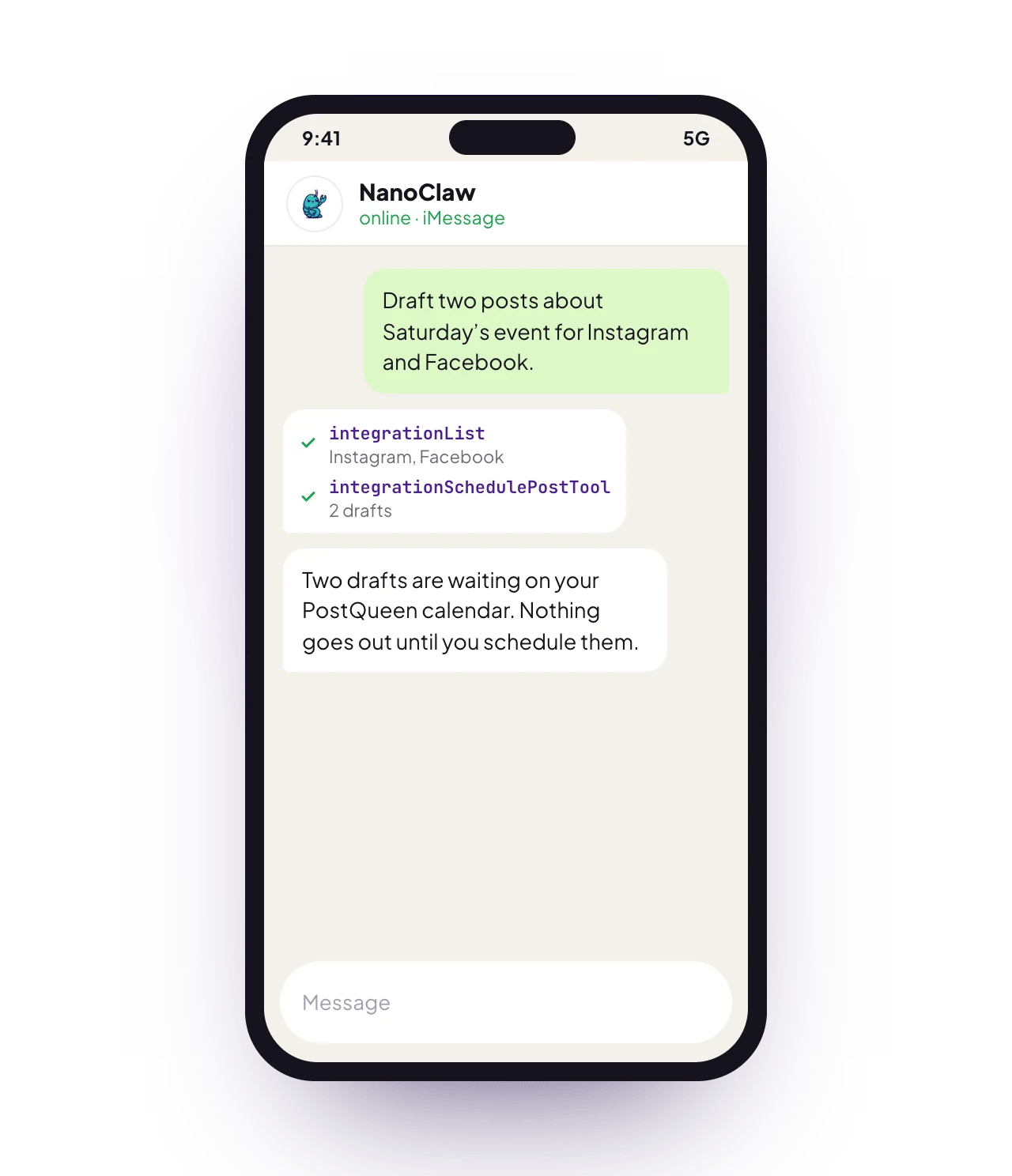 A sample NanoClaw chat on a phone with PostQueen connected: a request for posts, the PostQueen tools it used, and the reply