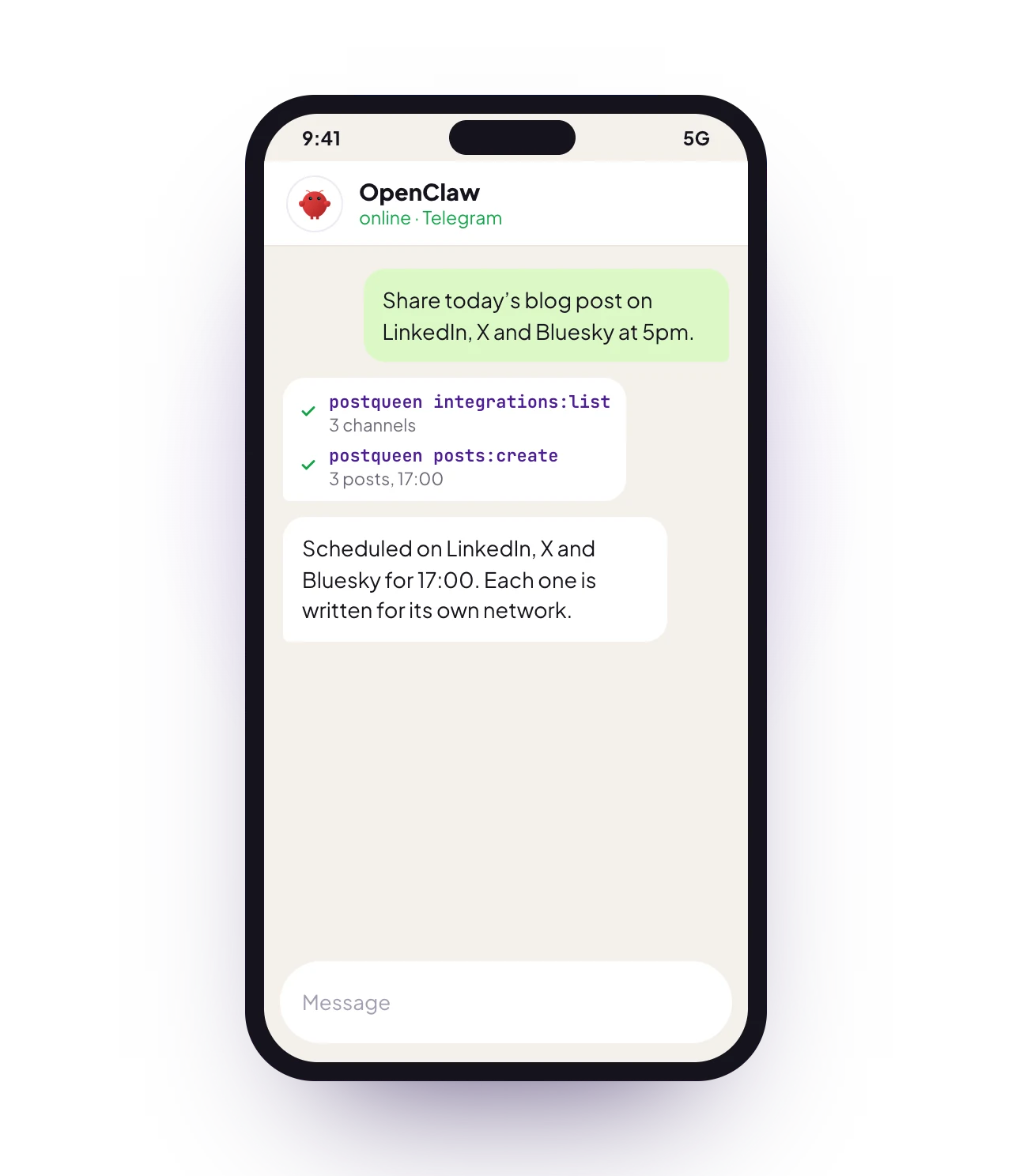 A sample OpenClaw chat on a phone with PostQueen connected: a request for posts, the PostQueen tools it used, and the reply