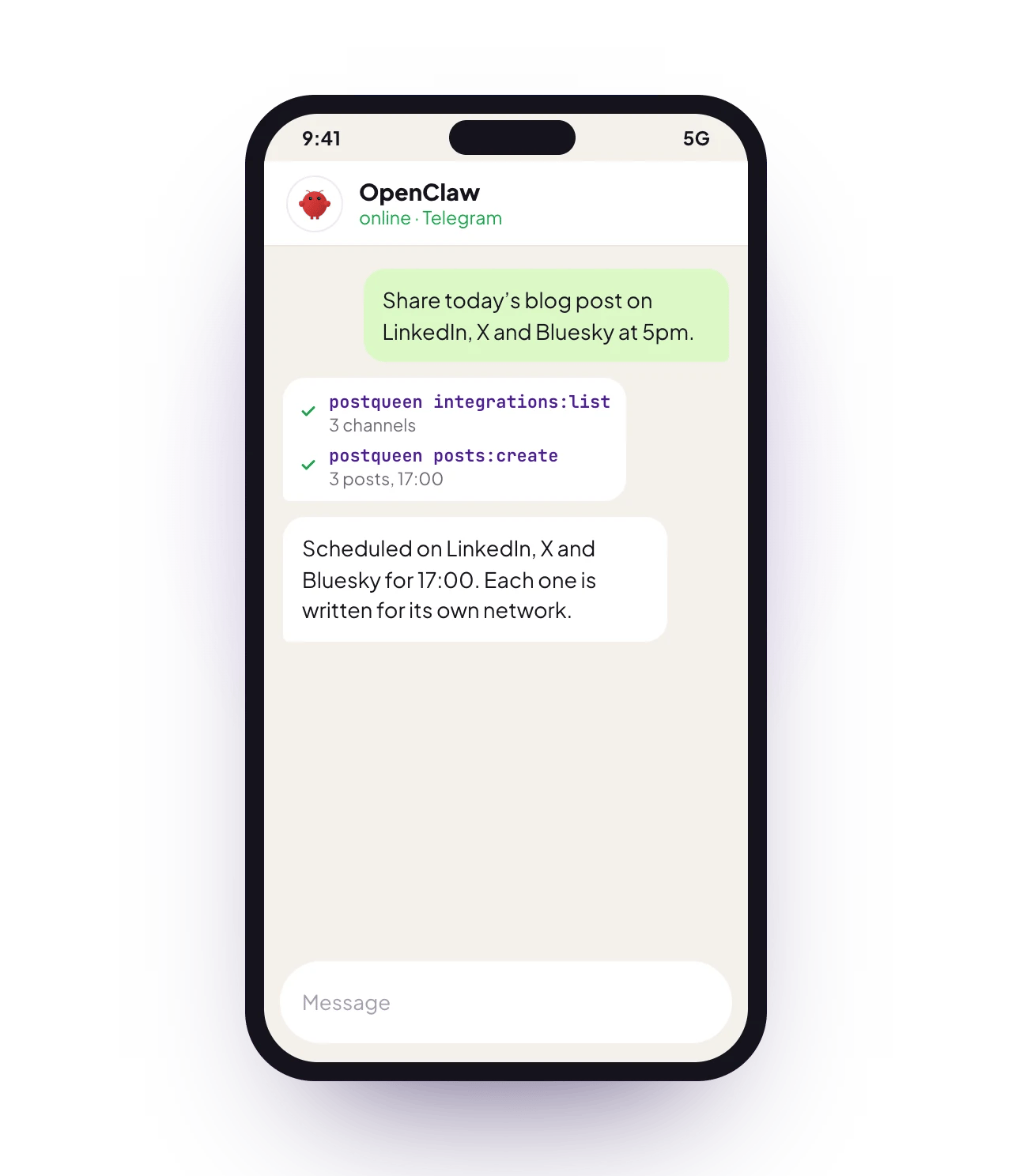 A sample OpenClaw chat on a phone with PostQueen connected: a request for posts, the PostQueen tools it used, and the reply